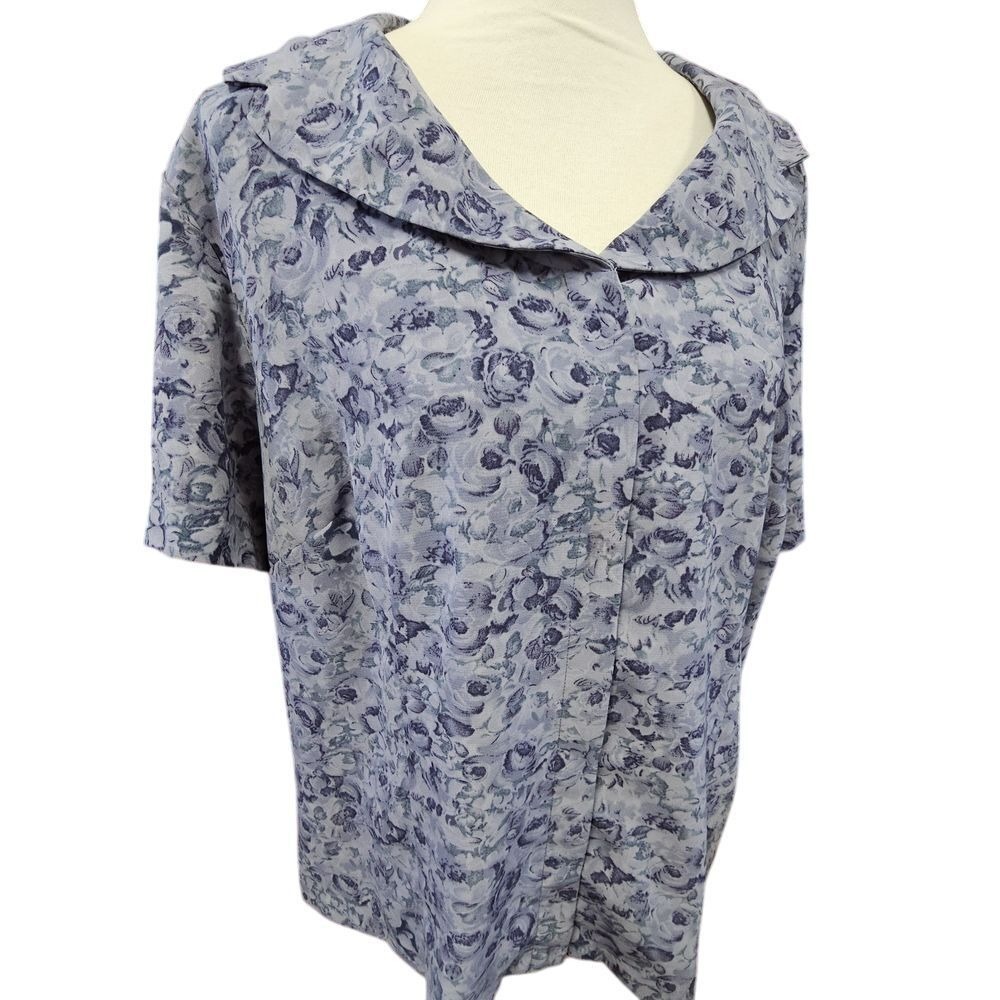 Maggie‎ McNaughton Womens 2X Floral Blouse Purple Rose Short Sleeve Tie Back Top